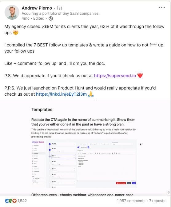 Giveaway on LinkedIn for supersend.io
